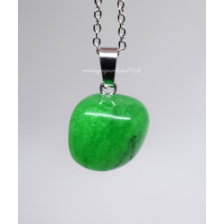 Pendentif pierre roule en jade vert + chaine mtal 45cm